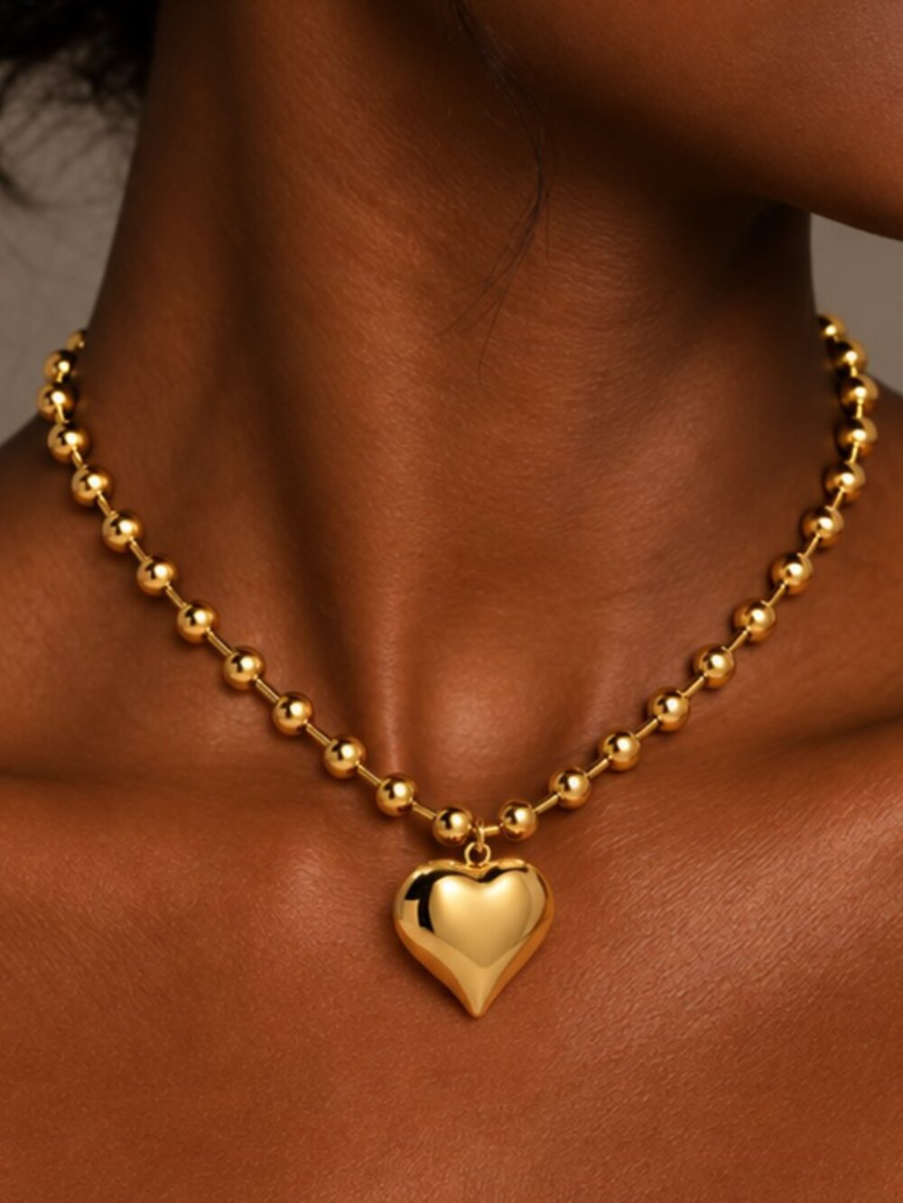 New! 18k Gold Plated Gold Bead Chain Chunky Punk Heart Statement Necklace (NWOT)
